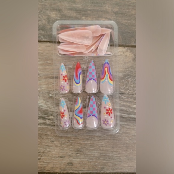 Cute Colorful Summer Press On Nails Stiletto Flower Check Nails Y2K Nails - Picture 3 of 4